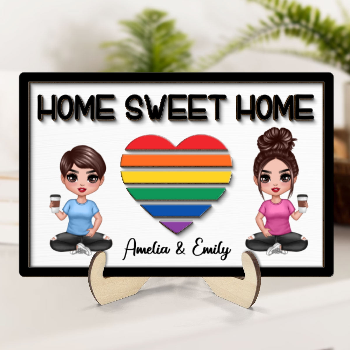 Home Sweet Home LGBT Couple Personalized 2-layer Wooden Plaque