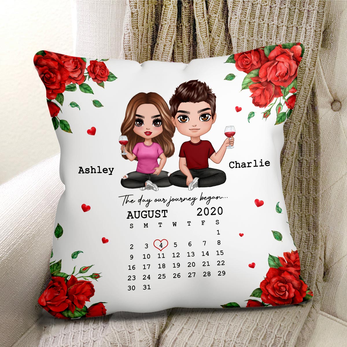 Rose Pattern Doll Couple Sitting Calendar Anniversary Date Personalized Pillow