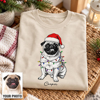 Custom Pet Portrait Christmas Hat & Strings Upload Your Photo - Personalized Shirt - Trendy Christmas Gift For Dog Lover
