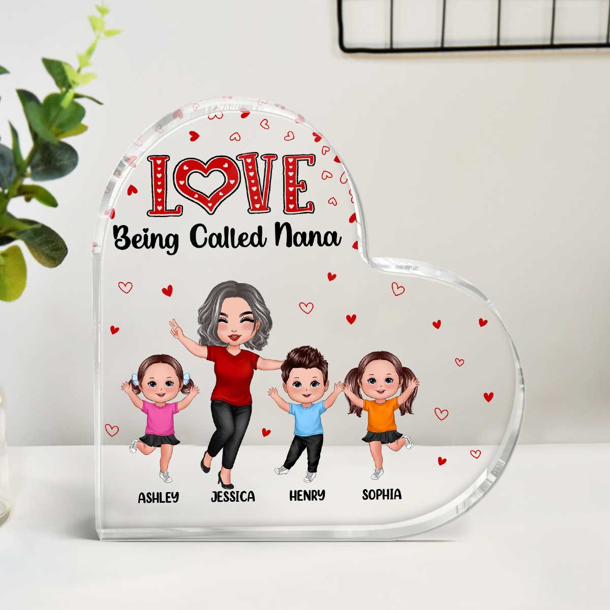 Grandma Love Checkered Heart Happy Doll Grandma Grandkids Personalized Acrylic Heart Plaque