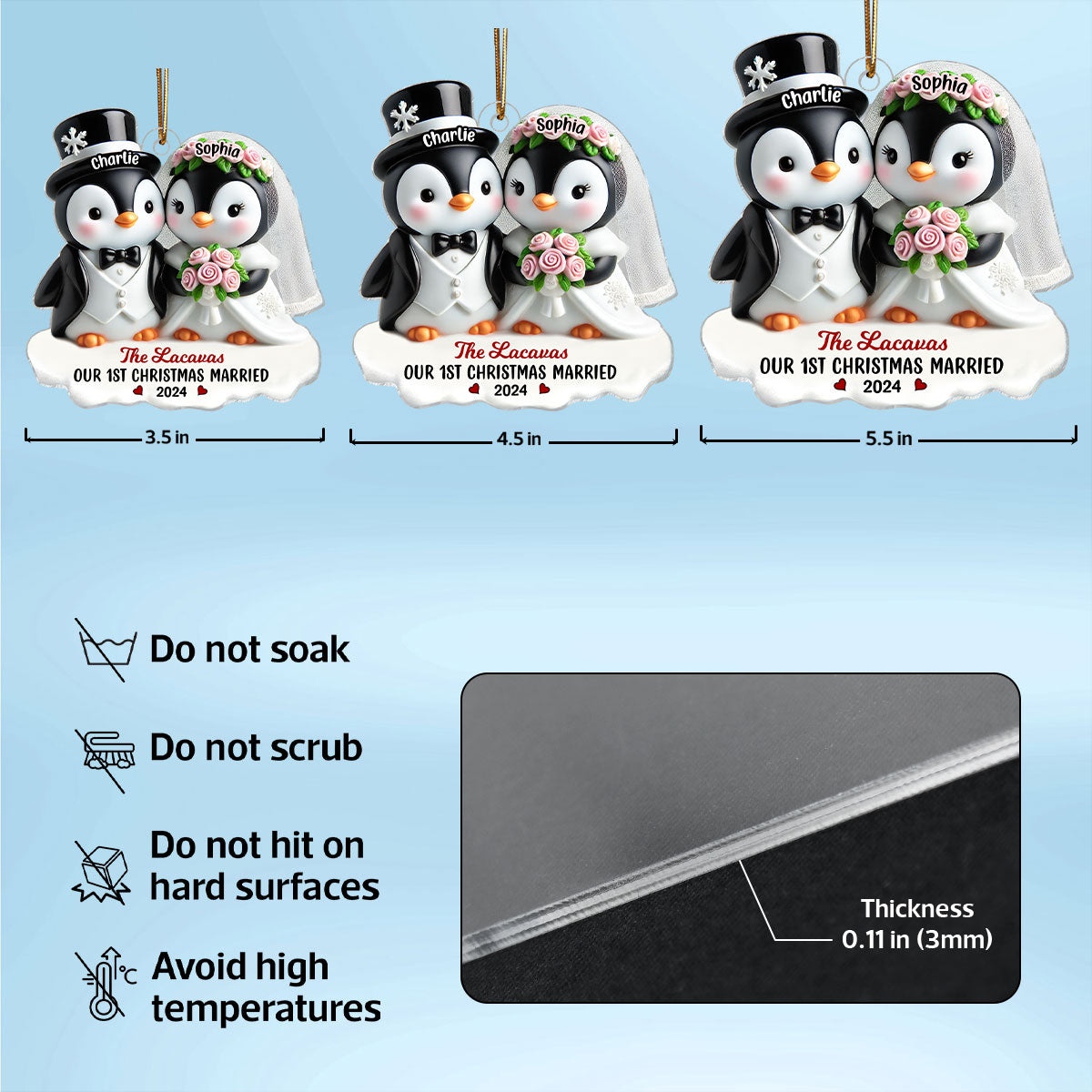 3D Effect Penguins Just Married Couple Groom & Bride Wedding First Christmas Together Personalized Acrylic Ornament