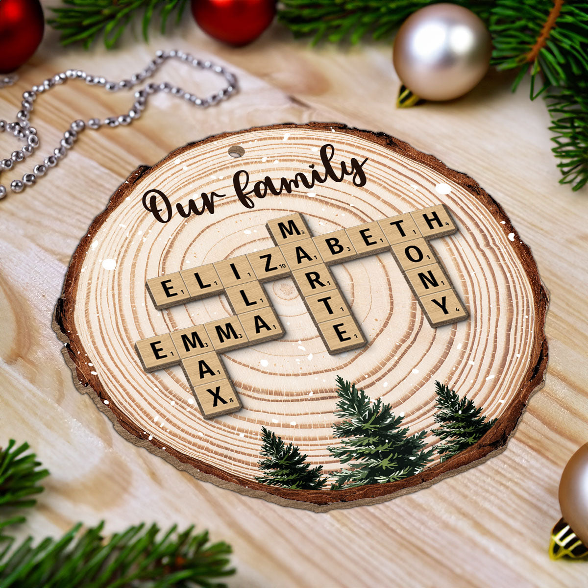 Christmas Tree Wood Pattern Family Names Puzzle Crossword Personalized 2-Layer Wooden Ornament, Christmas Gift For Family