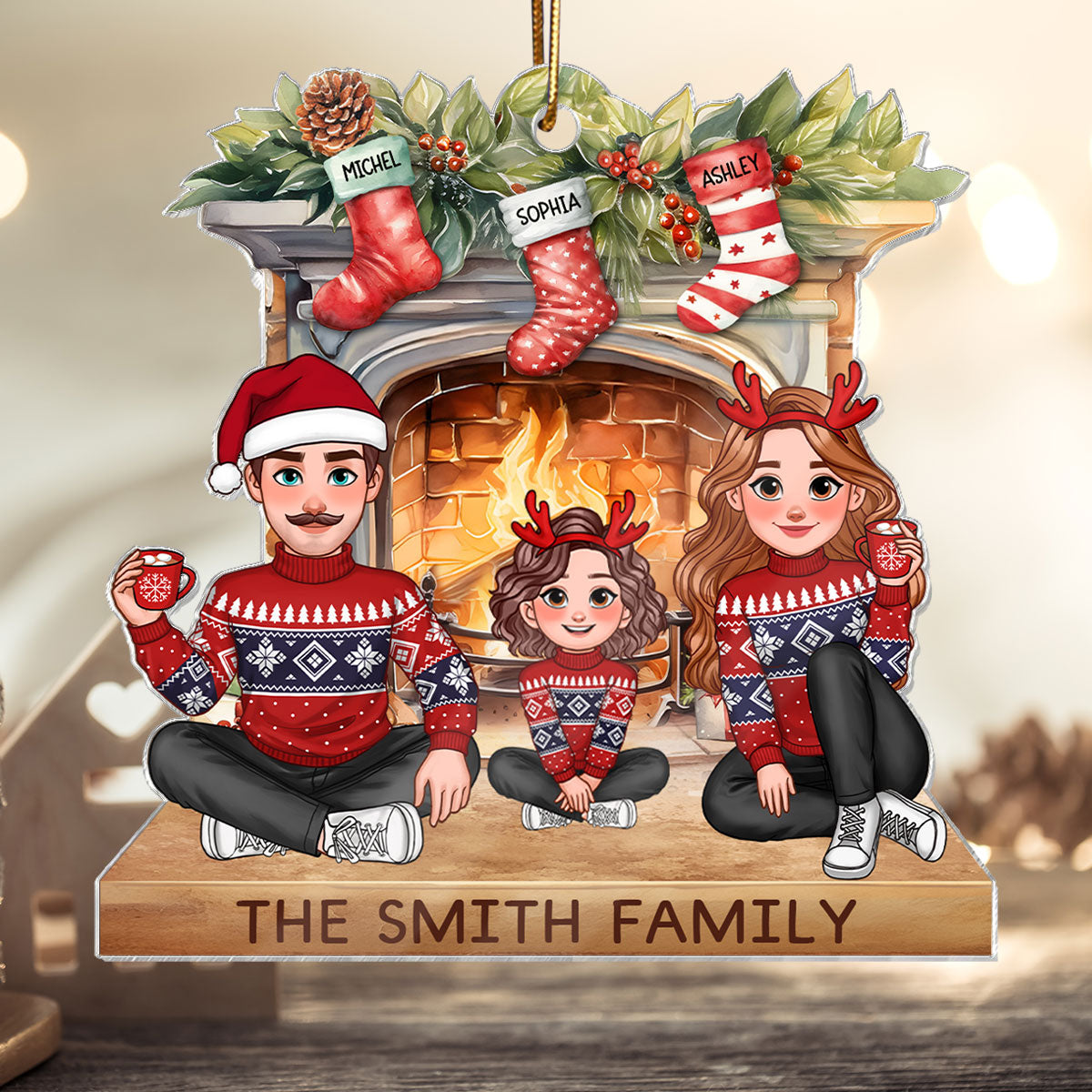 Animated Family Sitting At Christmas Fireplace Personalized Acrylic Ornament