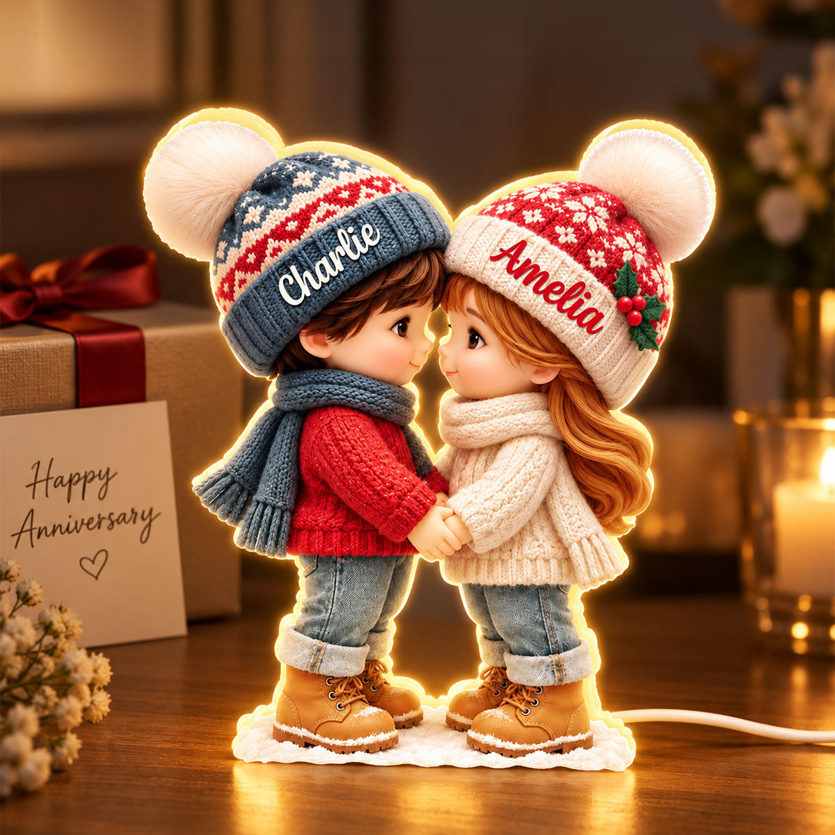 Cute Cartoon Couple Holding Hands - Personalized Light Box - Anniversary Christmas Gift for Her, for Him