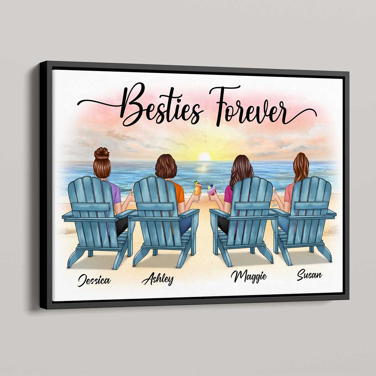 Beach Landscape Besties Sisters Back View Personalized Horizontal Poster