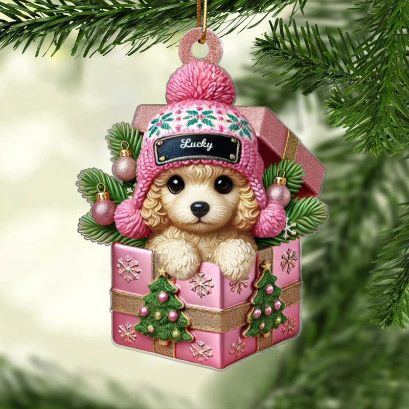 Cute Poodle Dog Inside Gift Box Personalized 2D Flat Acrylic Ornament, Christmas Gift for Dog Lovers