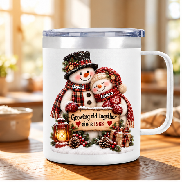 Snowman Couple Hugging Growing Old Together - Personalized Stainless Steel Tumbler With Handle - Heartfelt Christmas Gift for Her, for Him