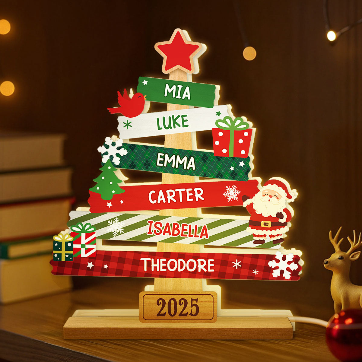 3D Effect Cute Christmas Tree Family Names Personalized LED Light Box