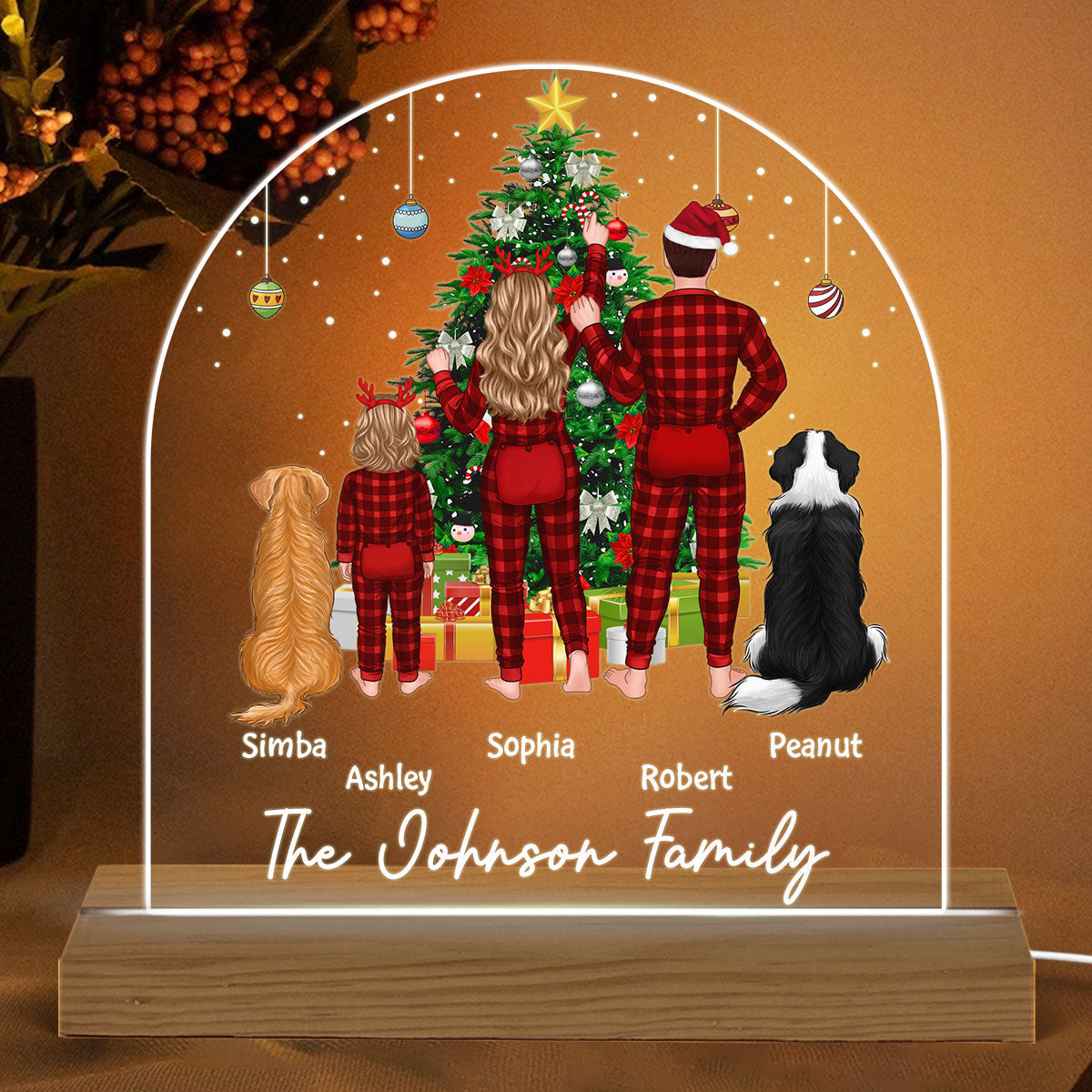 Family Pajamas Couple Kid Dog Cat Decorating Christmas Tree Personalized Custom Shaped Acrylic Plaque With LED Night Light