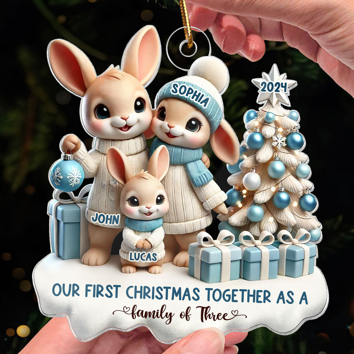 3D Effect Bunny Family Our First Christmas As A Family Of Three Christmas Personalized Acrylic Ornament, Newborns Gift, New Parents Gift