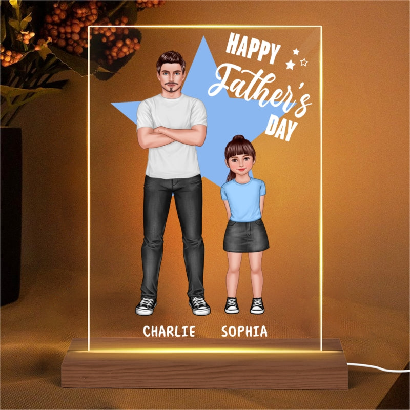 Dad And Kids Standing Star Background Personalized Rectangle Acrylic LED Night Light