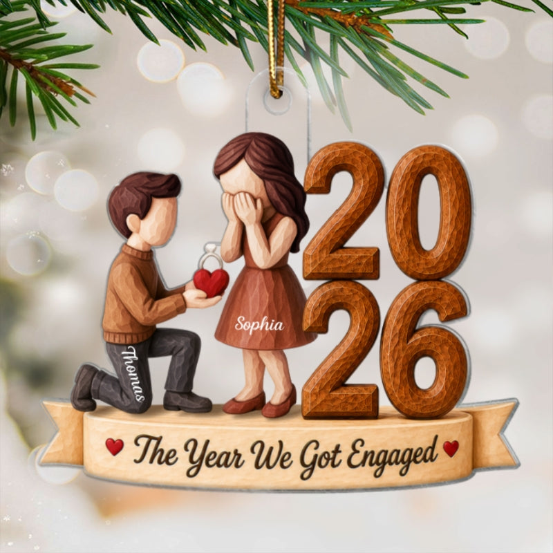 The Year We Got Engaged 2026 Proposal Couple 2D Wooden Effect – Personalized Acrylic Ornament – Engagement Keepsake