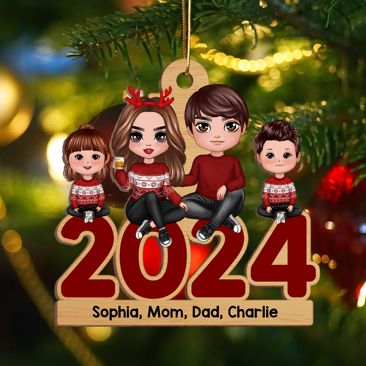 Family Sitting 2024 Christmas Personalized Wooden Ornament, Christmas Gift For Family