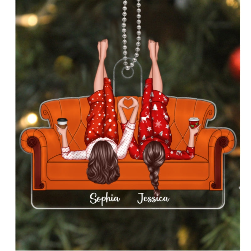 Friends Sisters Besties Lying On Couch Personalized Acrylic Ornament, Christmas Gift