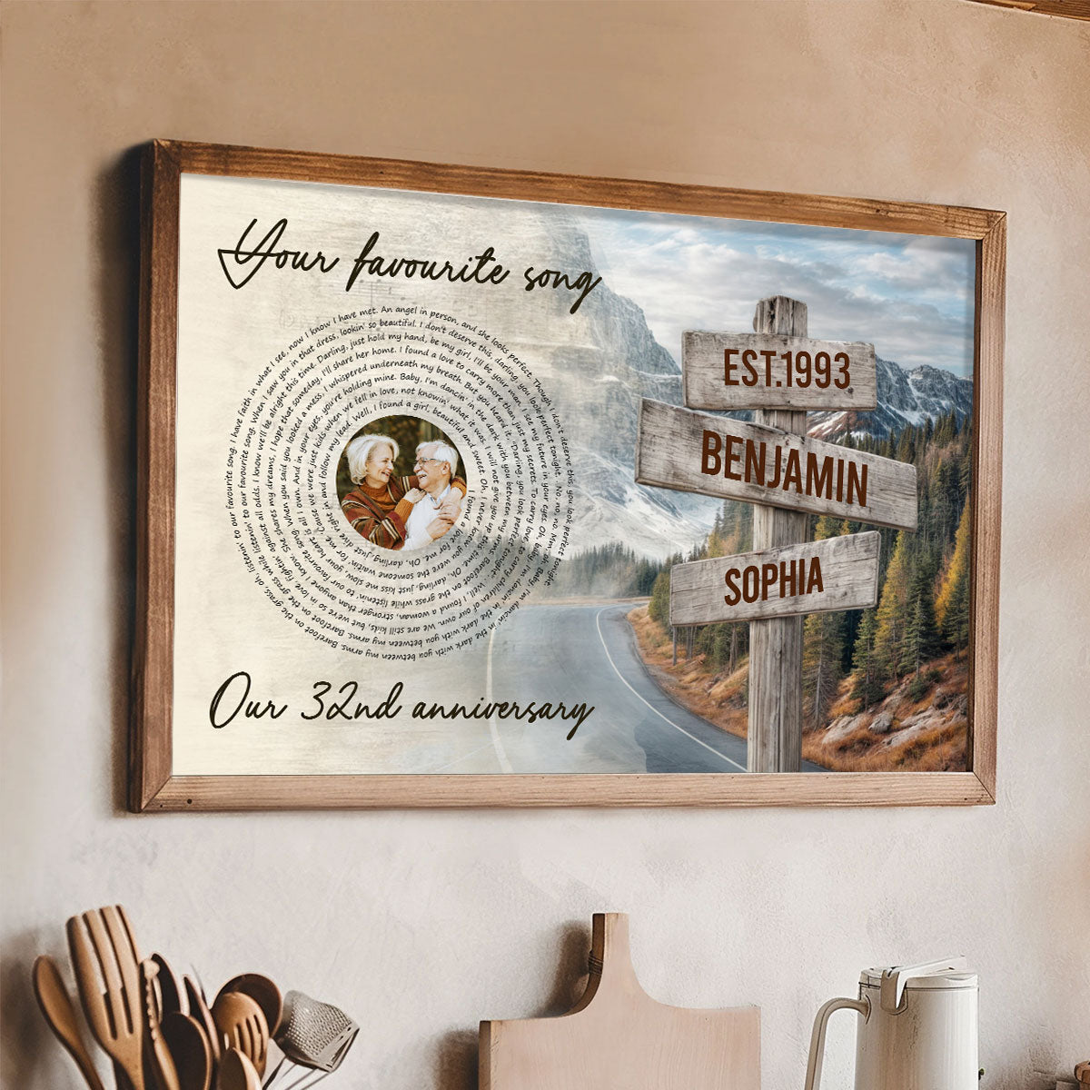 Vintage Signpost Mountain Landscape Song Lyrics Art Personalized Poster, Anniversary Valentine's Gift For Her, For Him
