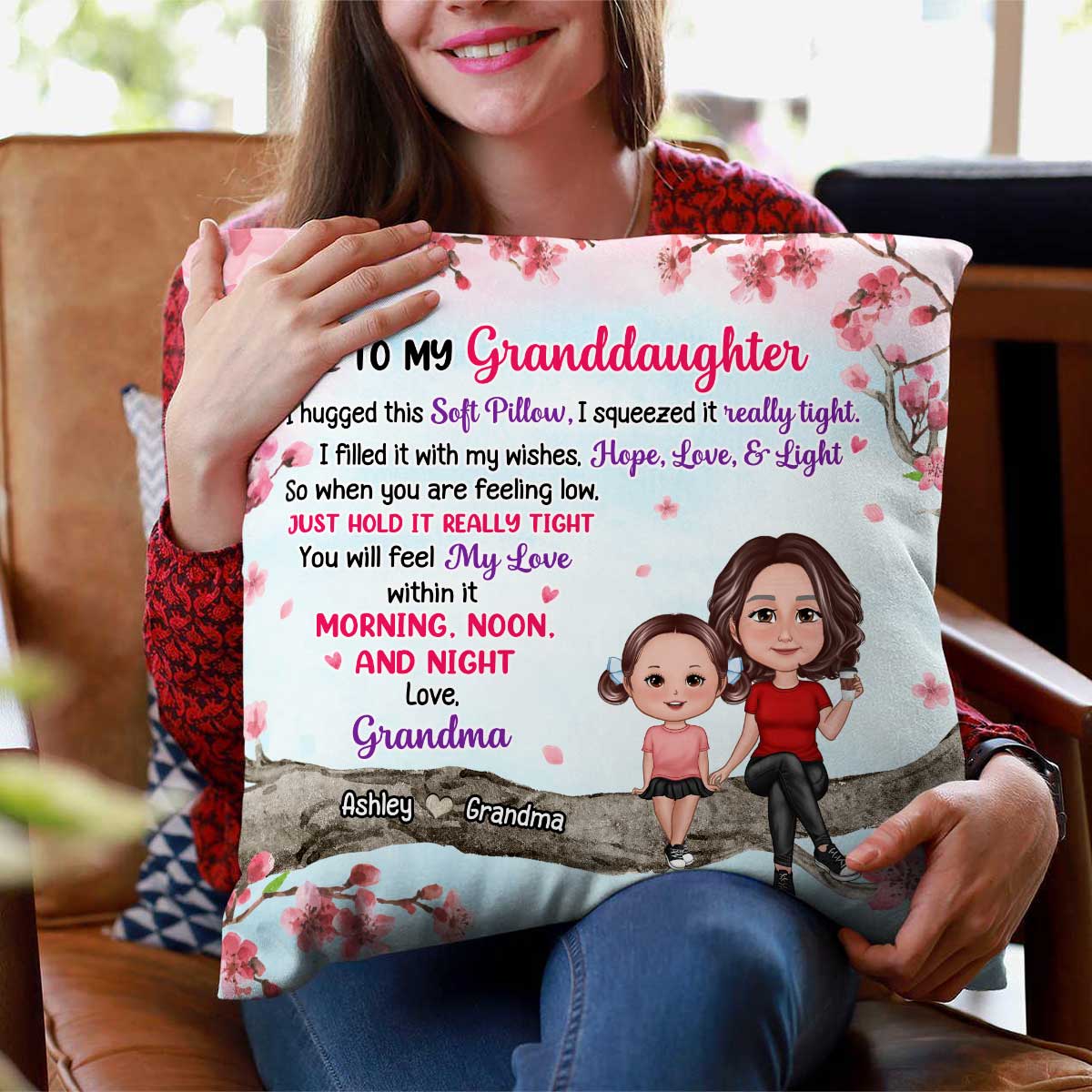 To My Mom Daughter Granddaughter Sitting On Pink Tree Personalized Pillow