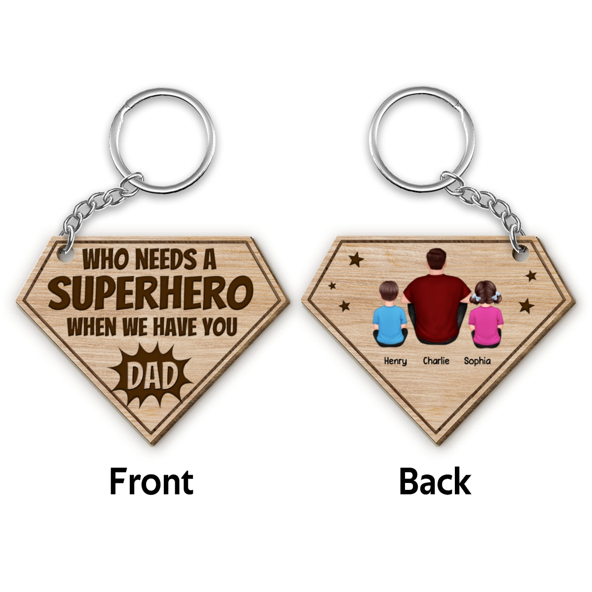 Who Needs Superhero When We Have You Dad Back View Man Kids Dog Cat Father‘s Day Gift Personalized Wooden Keychain