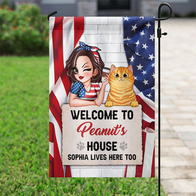 American Girl And Cats Live Here Personalized Garden Flag