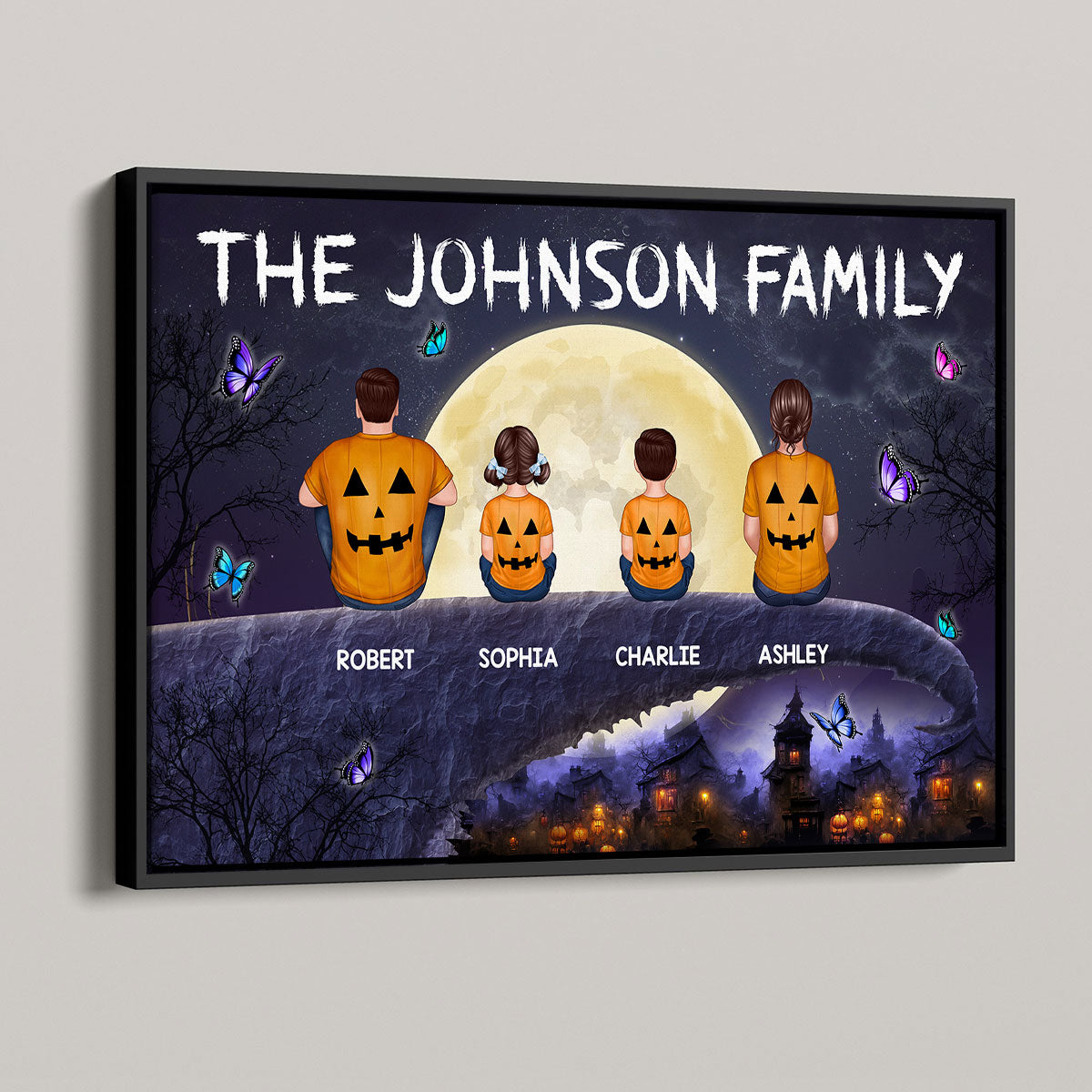 Halloween Family Back View Sitting On Cliff Personalized Horizontal Poster