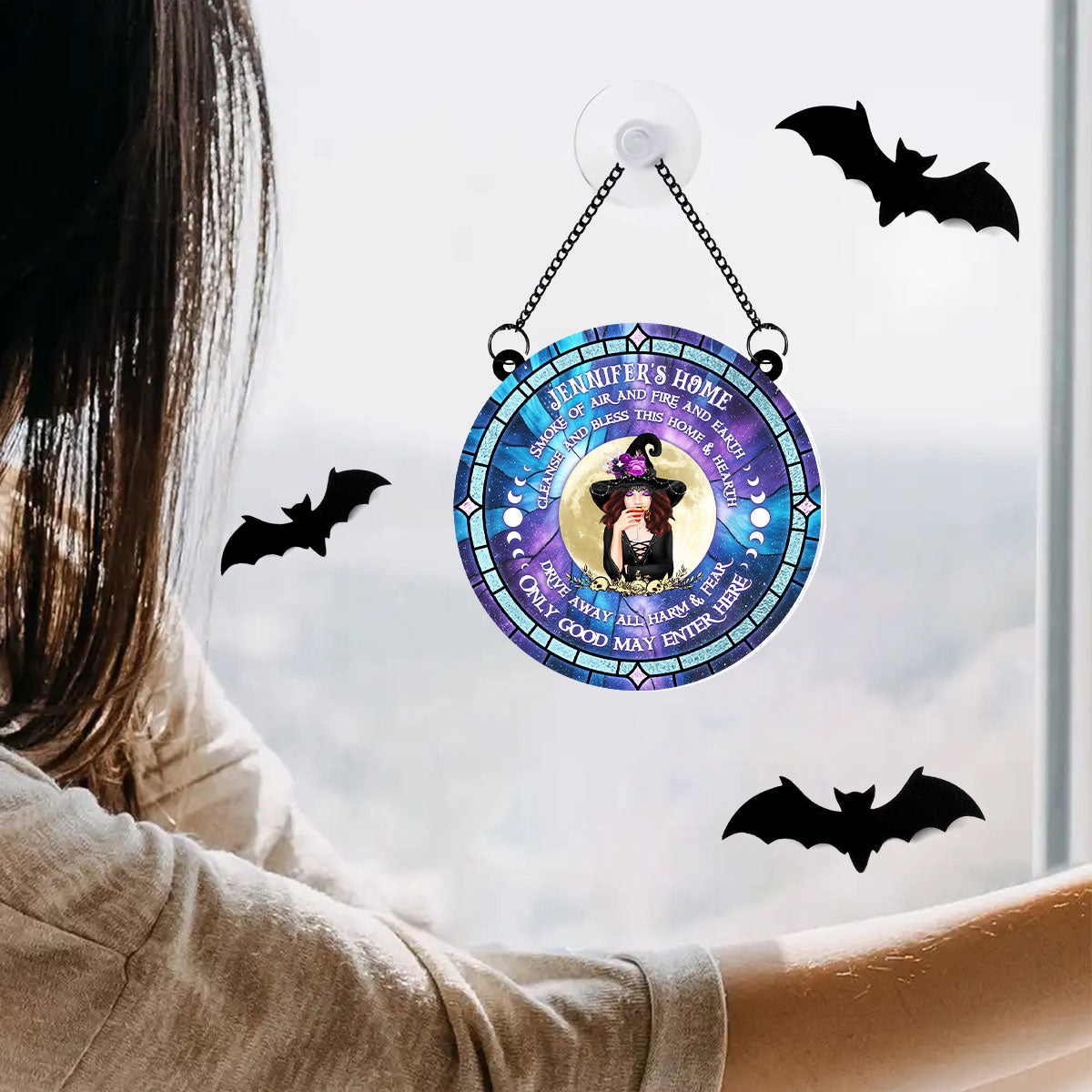 Smoke Of Air And Fire And Earth, Halloween Personalized Window Hanging Suncatcher Ornament, Halloween Witch Decor