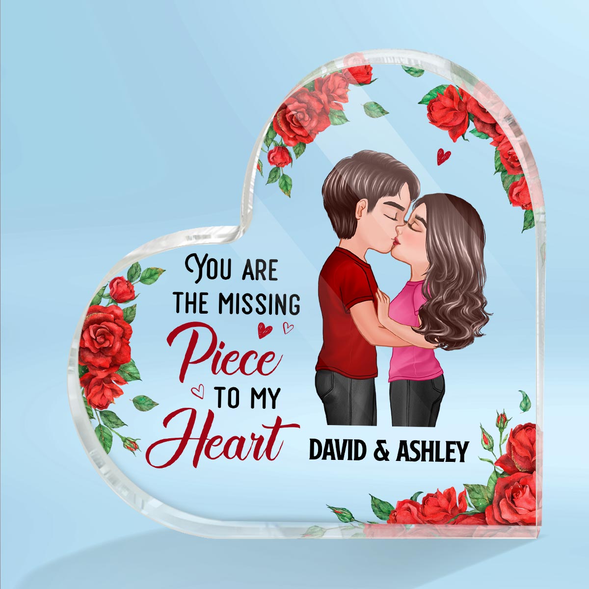 Rose Pattern Doll Couple Kissing You Are My Missing Piece Gift For Him For Her Personalized Heart Acrylic Plaque