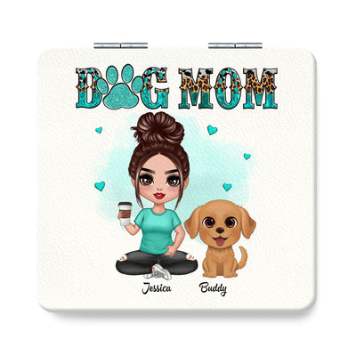 Watercolor Cute Dogs Teal And Leopard Dog Mom Personalized Square Compact Mirror