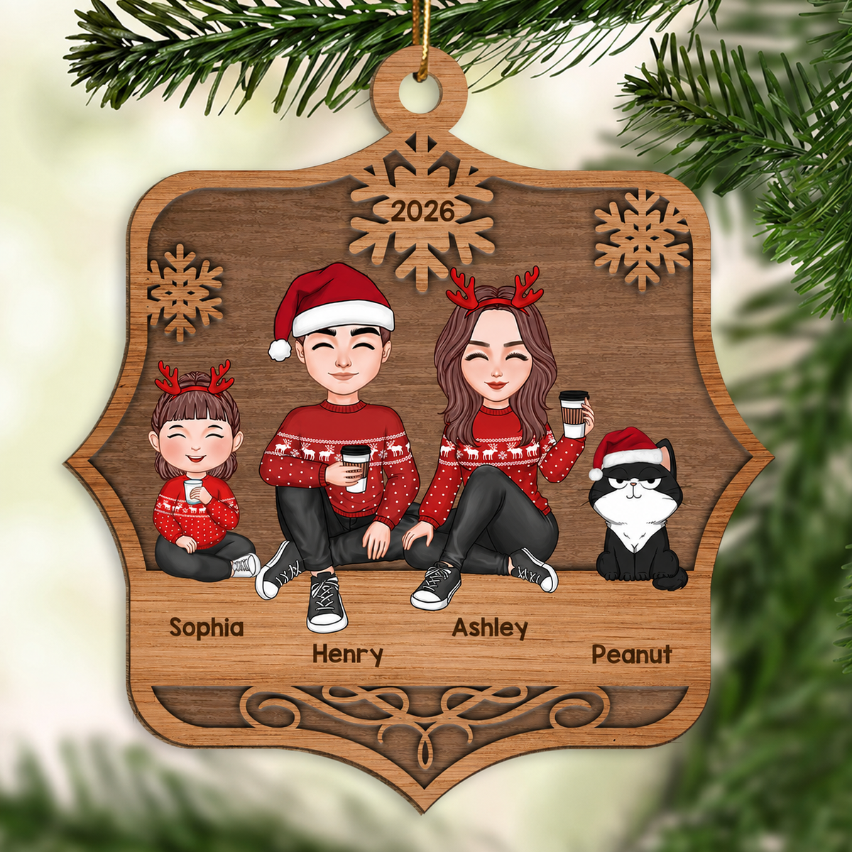 Cute Family Sitting Family Name Personalized Wooden Ornament