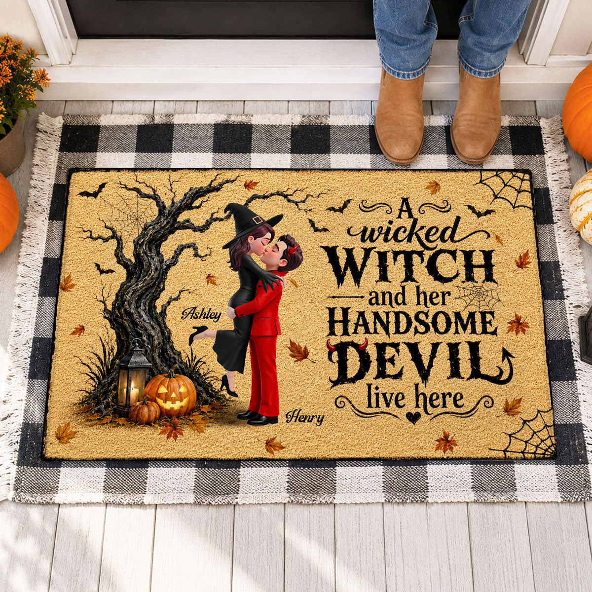 Wicked Witch And Handsome Devil Live Here - Personalized Doormat - Halloween Decor For Couple