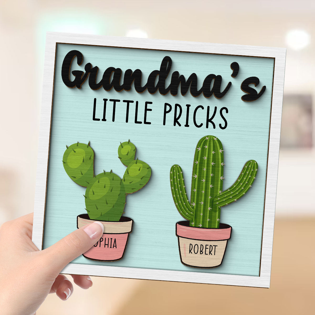 Grandma Mom Little Pricks Cactus Personalized 2-layer Wooden Plaque
