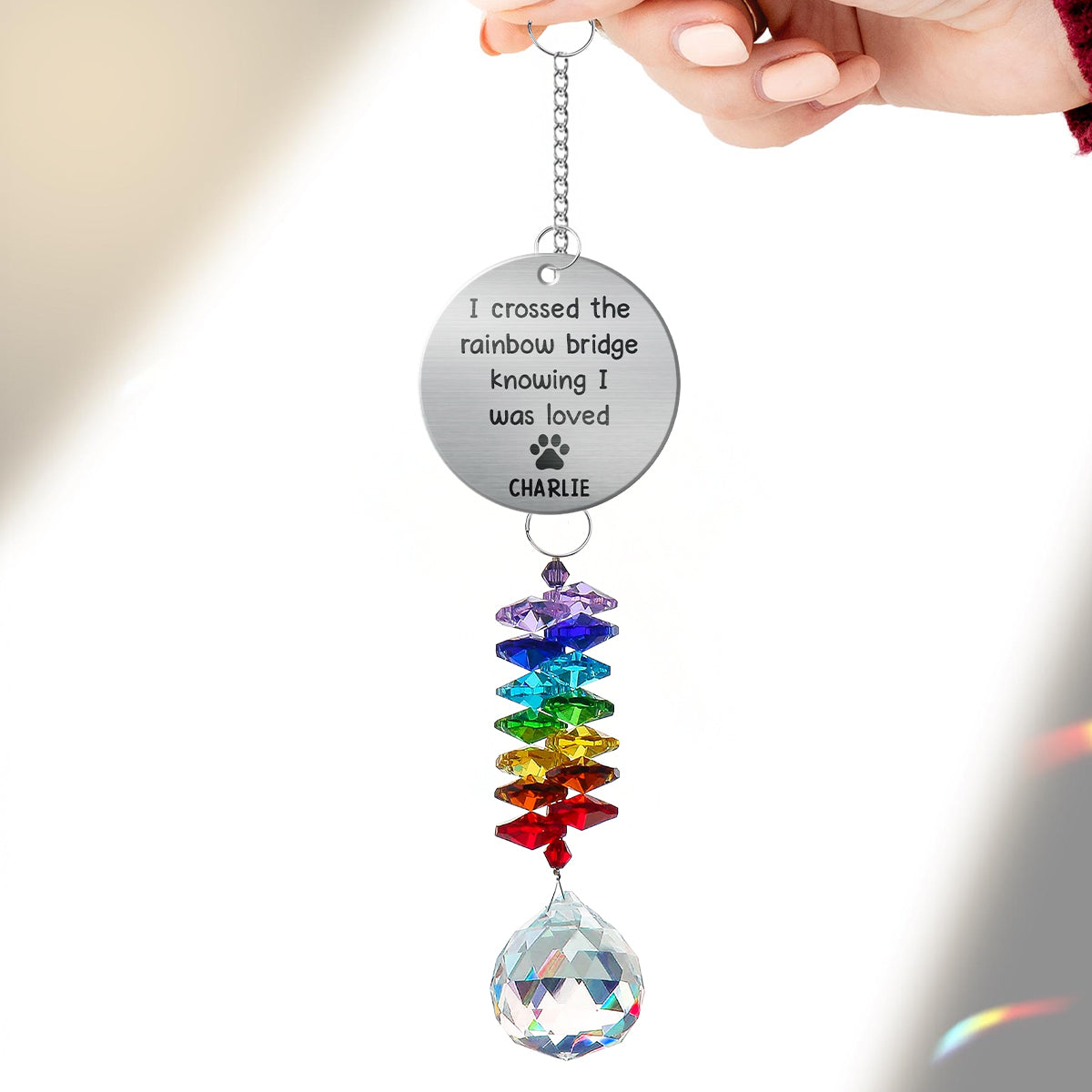 Pet Dog Cat Memorial Crossed The Rainbow Bridge Personalized Crystal Suncatcher With Aluminum Charm