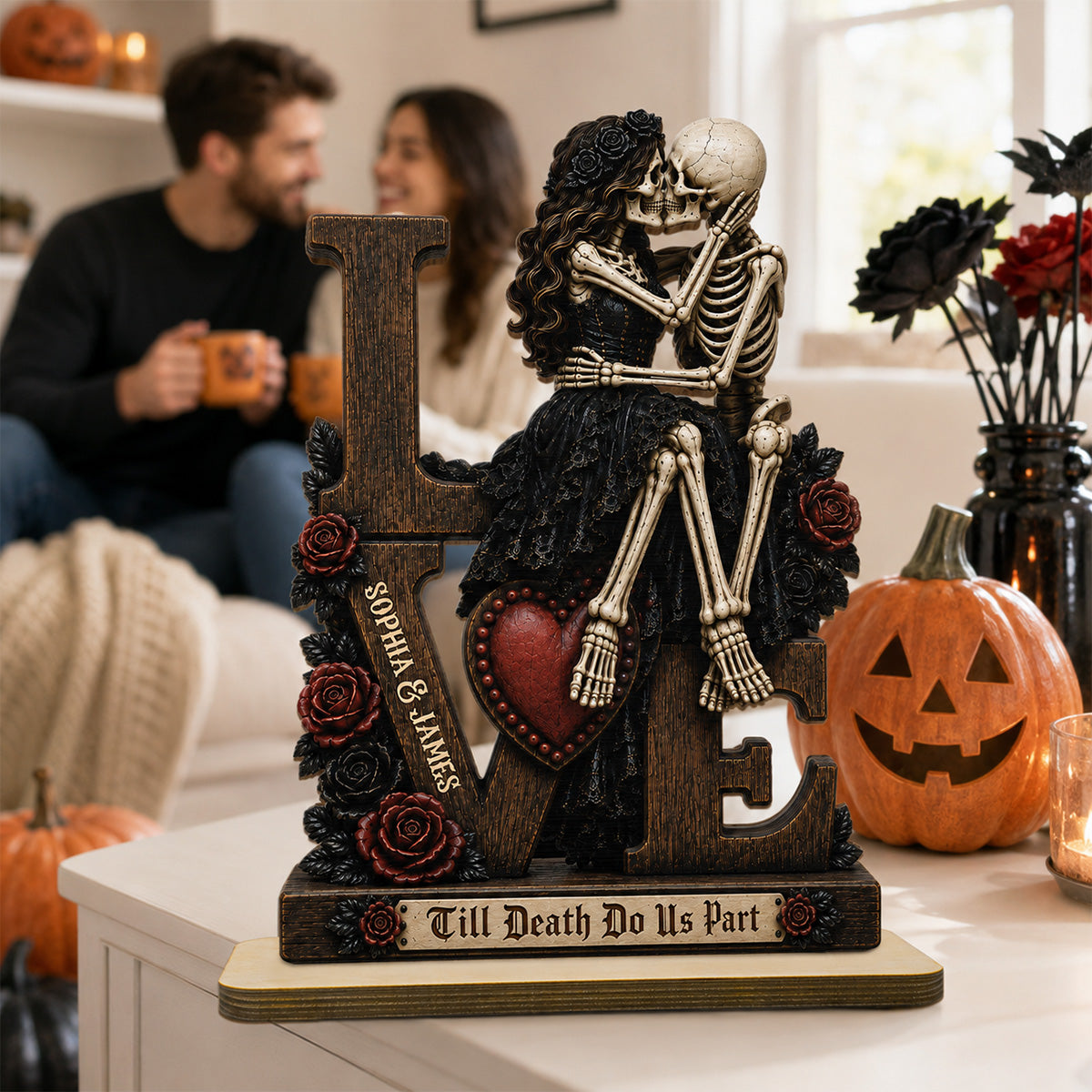 Skeleton Couple Kissing Eternal LOVE 2D Flat - Personalized 2-Layered Wooden Plaque - Halloween Decor For Couple