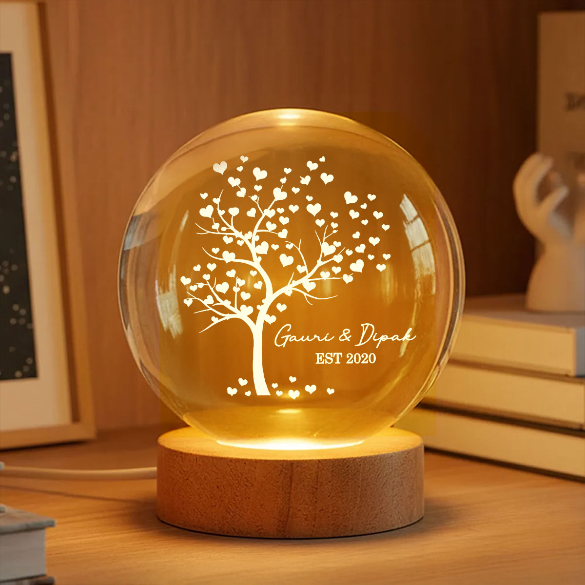 Tree Of Love Couple - Personalized Crystal Ball LED Night Light - Anniversary, Valentine's Day Gift, Gift For Him, Gift For Her