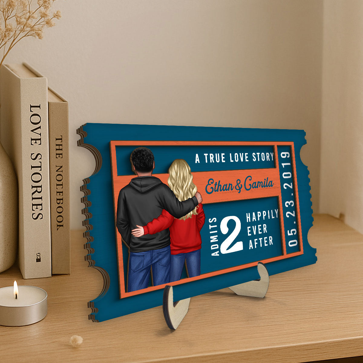 Couple True Love Story Ticket Personalized 2-Layer Wooden Plaque