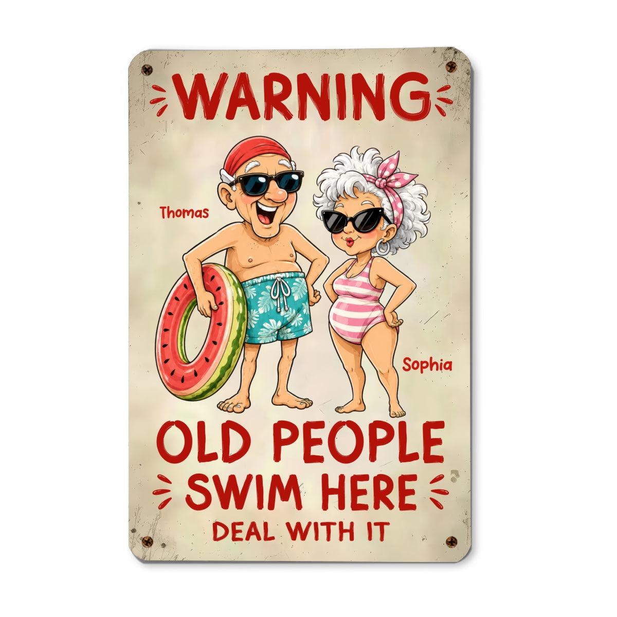 Warning Old People Swim Here Deal With It - Personalized Pool Metal Sign - Funny Vintage Rustic Wall Decor for Pool, Patio