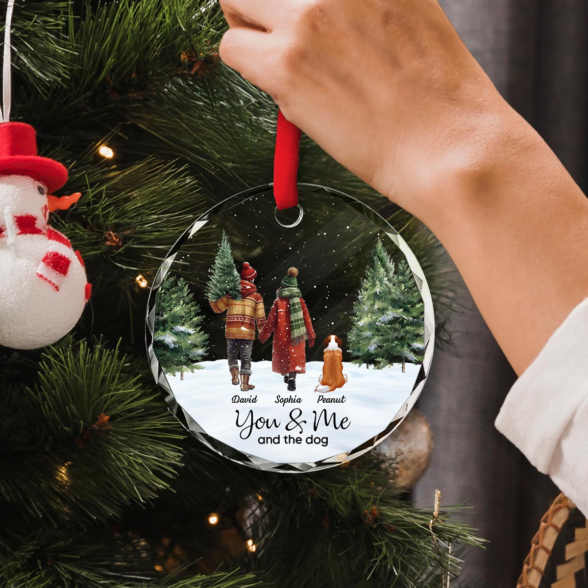 Couple You & Me And The Dog In Snowy Christmas Personalized Glass Ornament
