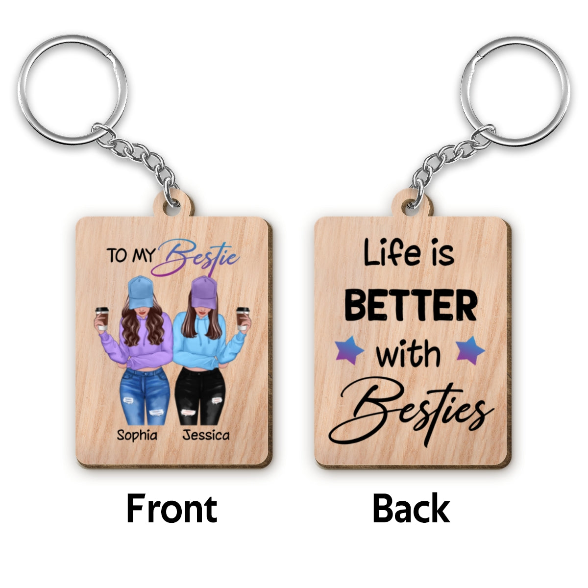 Front View Besties To My Bestie Personalized Wooden Keychain