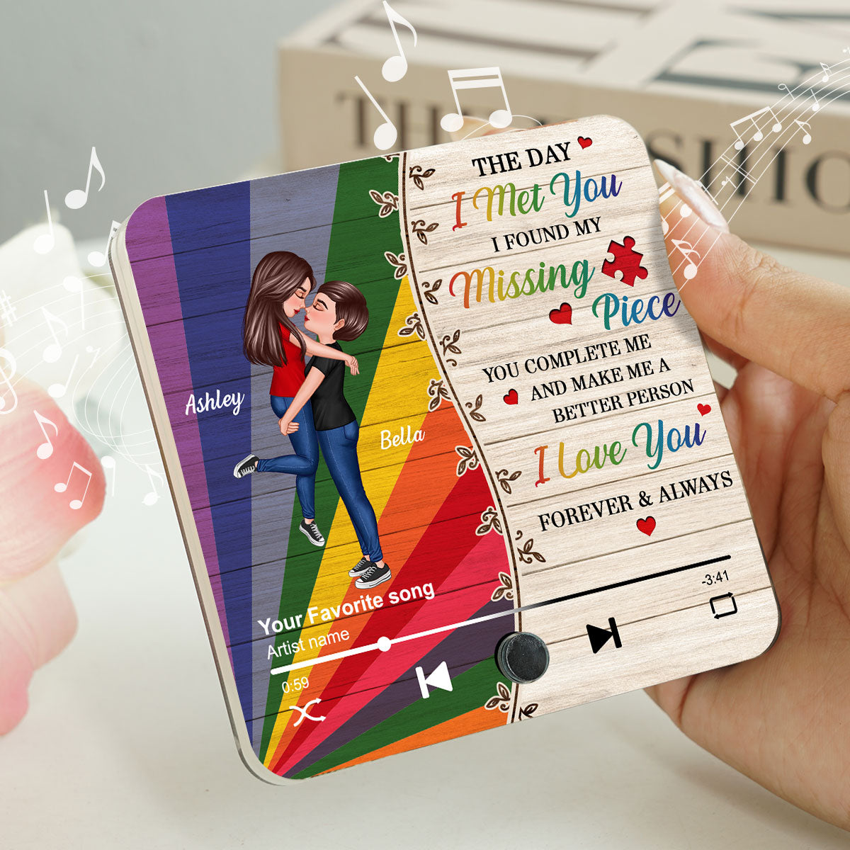 Colorful Wood Pallets The Day I Met You LGBTQ Couple Personalized Music Fridge Magnet, Pride Month Gift