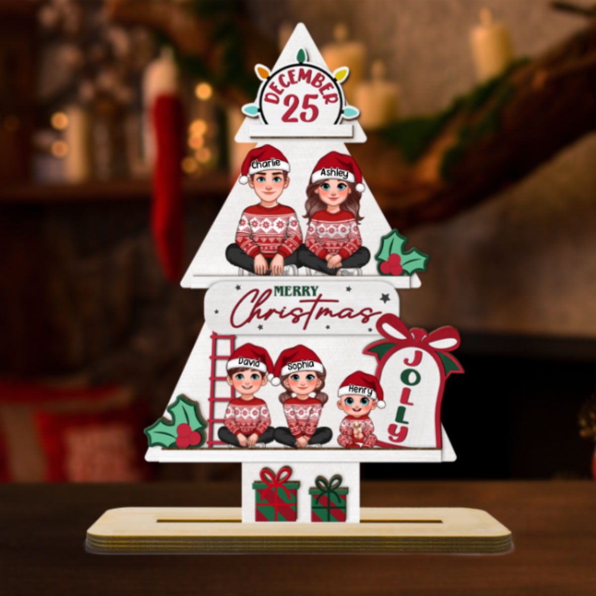 Pine Tree Christmas Family Sitting Personalized 2-Layer Standing Wooden Plaque