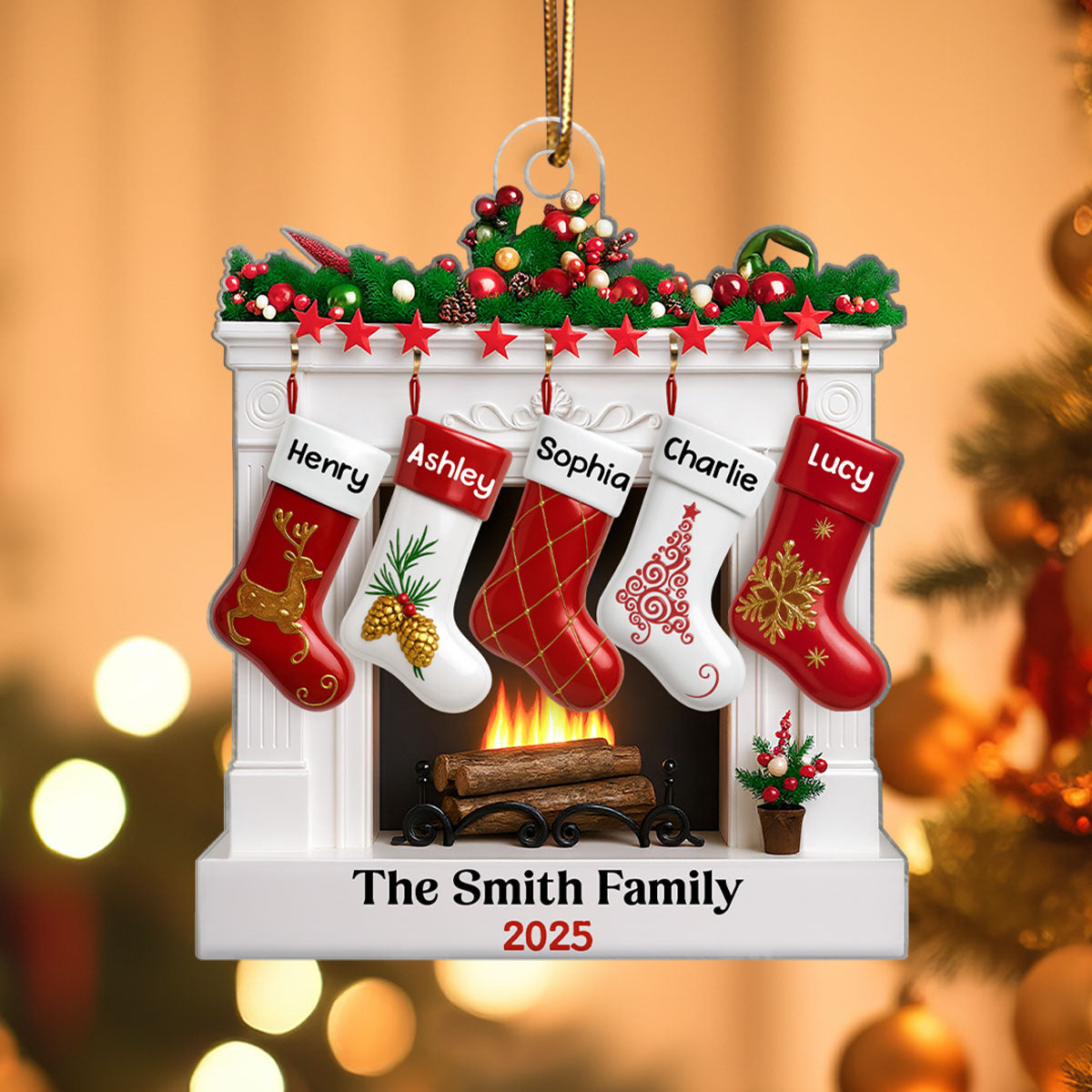 Fireplace Stocking Family Personalized Christmas Ornament, 3D Effect Ornament, Custom Family Name