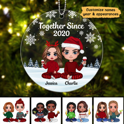 Doll Couple Sitting Snow Background Personalized Acrylic Ornament