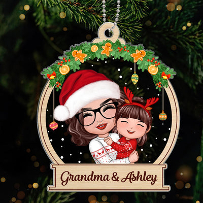 Christmas Doll Grandma Hugging Grandkid In Snow Globe Gift For Granddaughter Grandson Personalized Acrylic Ornament