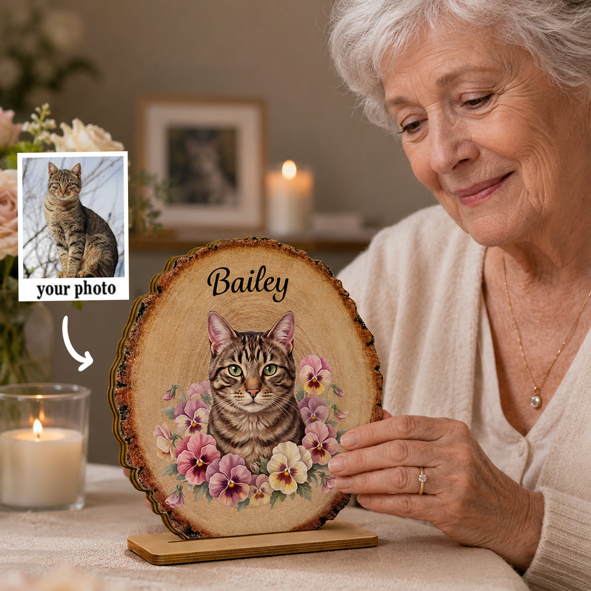 Custom Pet Portrait And Flowers - Personalized 2-Layered Wooden Plaque - Memorial Gift For Pet Lovers