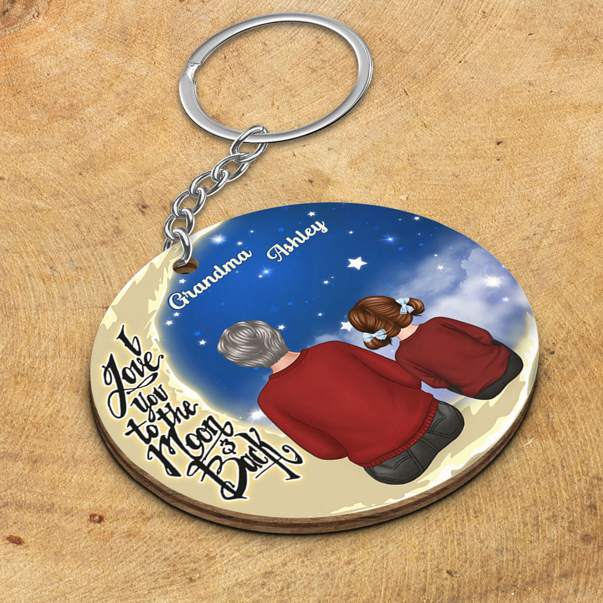Grandma Grandkids Sitting On Moon Personalized Wooden Keychain