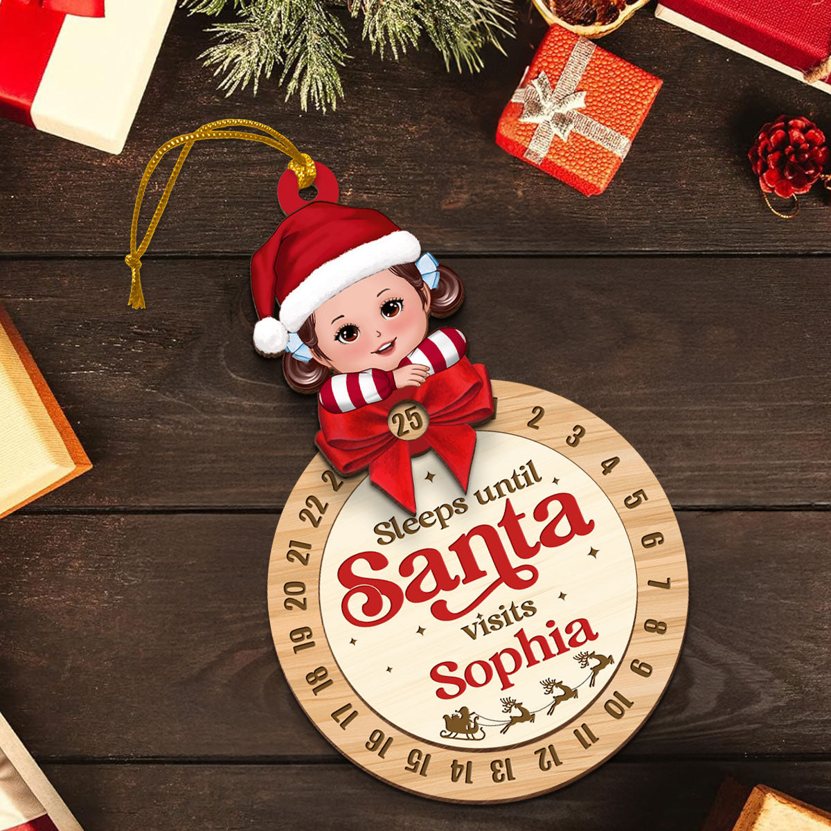 Sleeps Till Santa Visits Cute Doll Kid Personalized Countdown Ornament, Christmas Gift For Daughter Son Granddaughter Grandson