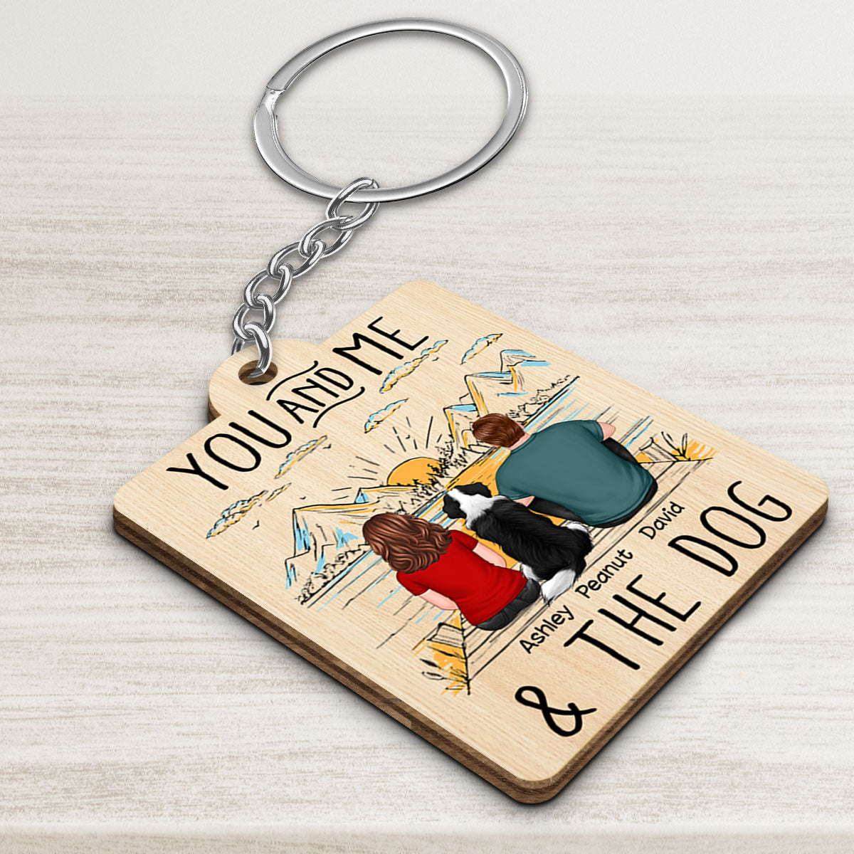 Outline Background Back View Couple And Dogs Personalized Wooden Keychain