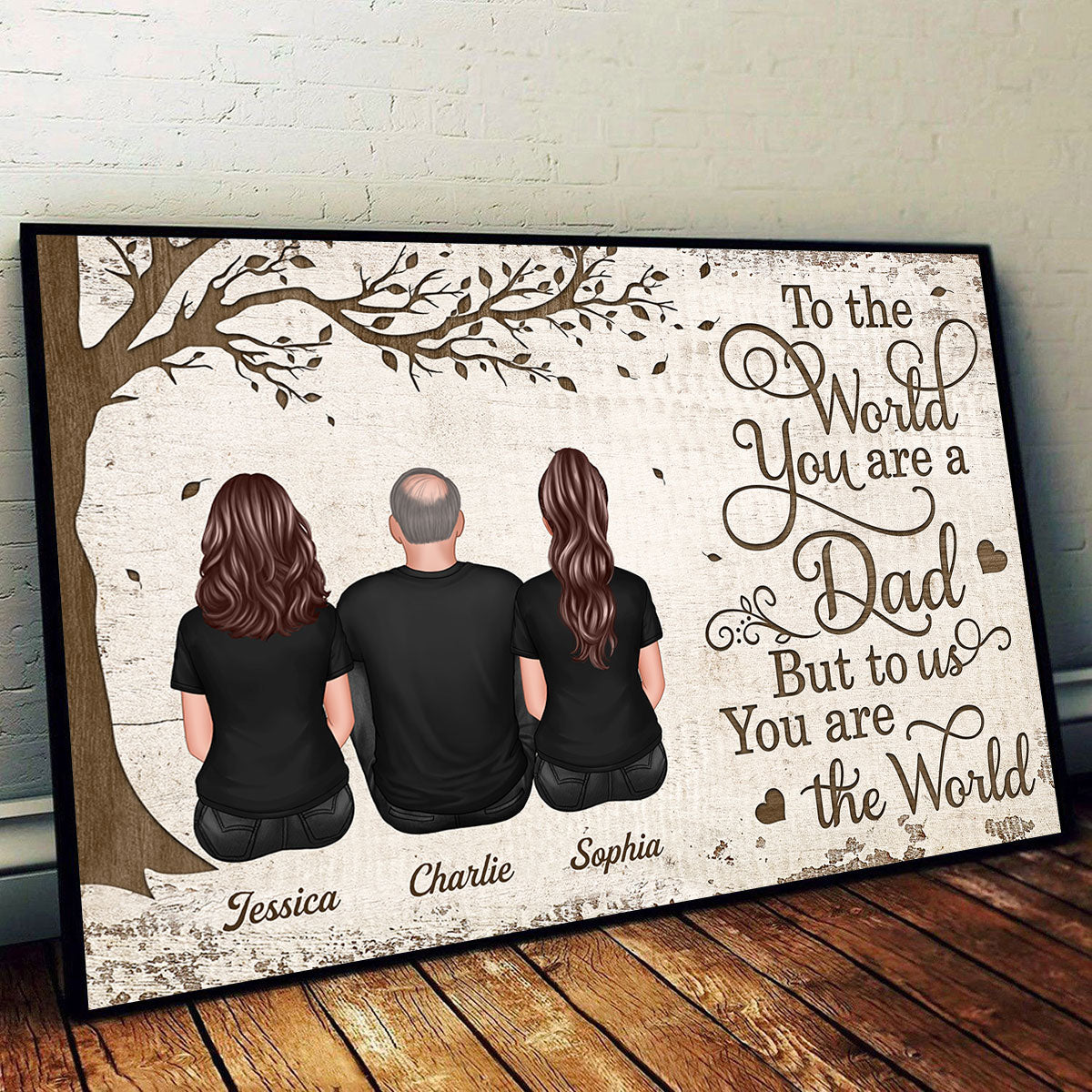 Back View Dad And Kids Dogs Cats Sitting - Personalized Poster - Gift For Dad, Husband
