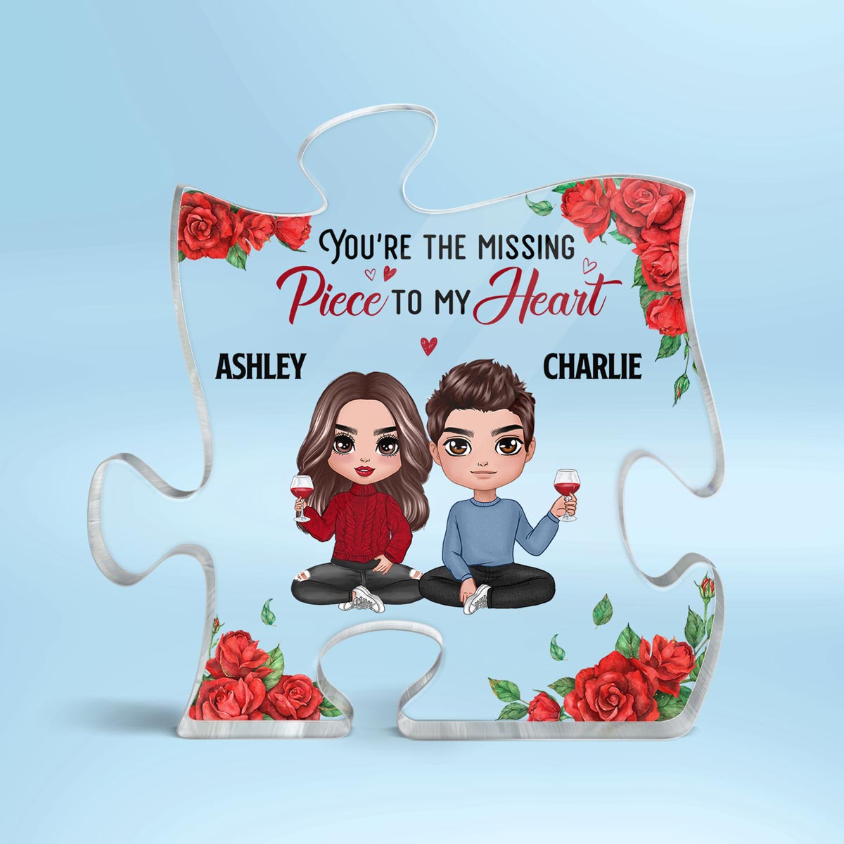 Rose Pattern Doll Couple Sitting Gift For Him For Her Personalized Puzzle Acrylic Plaque
