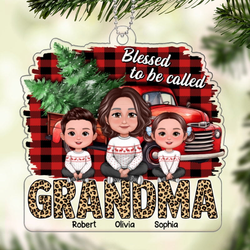 Grandma Grandkids Crossed Legs Leopard Text Checkered Pattern Background Personalized Acrylic Ornament