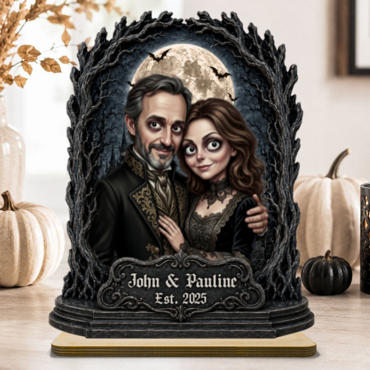 Halloween Custom Photo Illustration Gothic Couple - Personalized 2-Layered Wooden Plaque - Halloween Gift For Couple