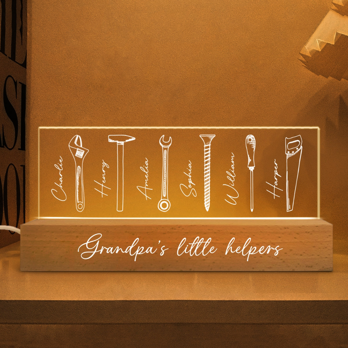 Grandpa Dad Little Helpers Personalized Acrylic Block LED Night Light